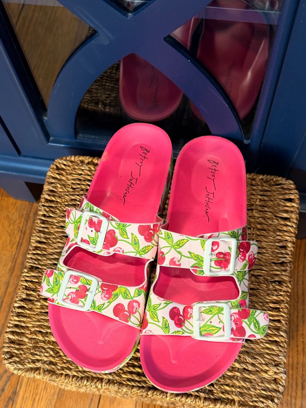 Betsey Johnson Pink Cherry Print Slide Sandals with White Buckles - Picture 1 of 3